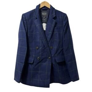 Madewell Rosedale Plaid Wool Blend Double Breasted Blazer Size 8 Navy‎ Academia